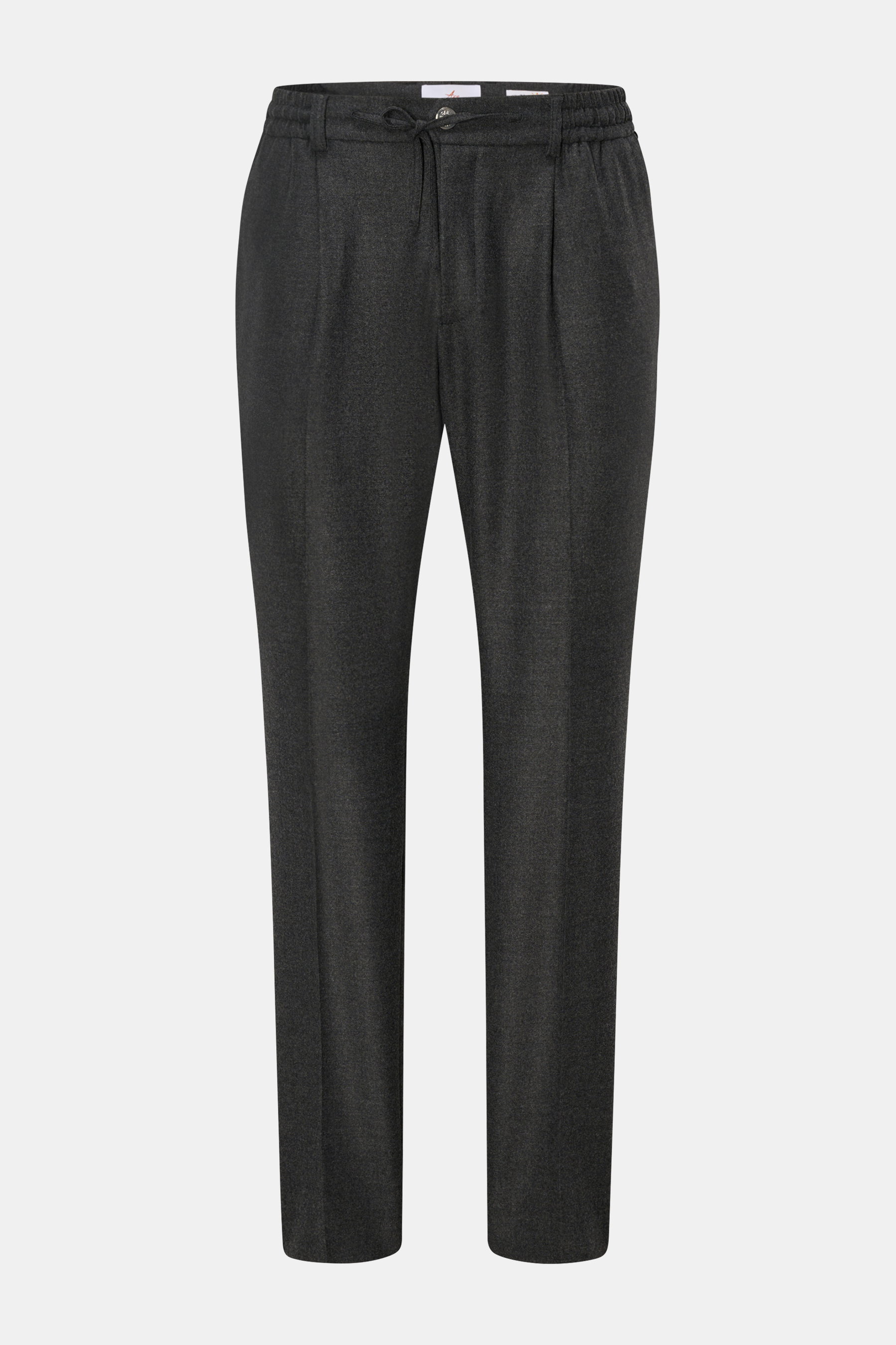 Ace Denim Woll-Jogpants dunkelgrau meliert, Frontansicht, Twill aus Schurwolle, leicht elastisch, sehr weich, Regular Fit, schmal zulaufend, Reißverschluss, Bundknöpfe, teilelastischer Bund, Tunnelzug, französische Taschen, Leistentaschen am Gesäß.