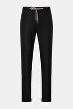Marco Pescarolo Woll-Jogpants 'Caracciolo' schwarz, Frontansicht, schmal zulaufend, mit elastischem Bund, Tunnelzug, Reißverschluss, Bundknopf, französischen Taschen und fixiertem Saumaufschlag.