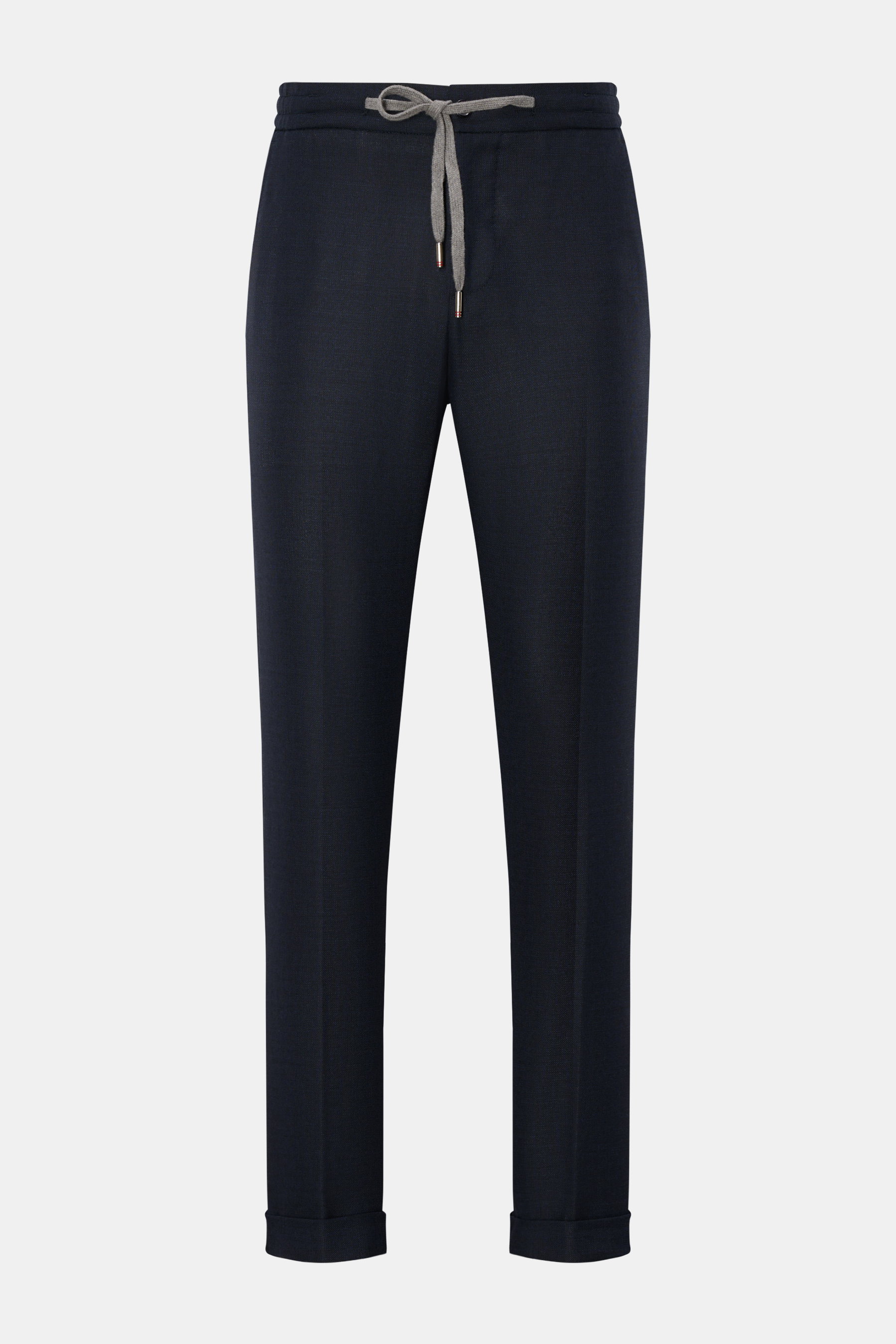 Marco Pescarolo Woll-Jogpants 'Caracciolo' navy, frontale Ansicht, Regular Fit, schmal zulaufend, elastischer Bund mit Tunnelzug, französische Taschen, paspelierte Gesäßtaschen mit Zipper, fixierter Saumaufschlag, reine Schurwolle, weicher Griff.