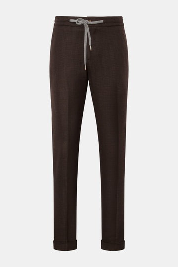 Marco Pescarolo Jogpants 'Caracciolo' dunkelbraun, frontale Nahaufnahme, Schurwoll-Mix, Regular Fit, elastischer Bund mit Tunnelzug, schmal zulaufend, Saumaufschlag.