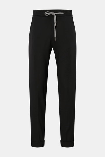 Marco Pescarolo Woll-Jogpants 'Caracciolo' schwarz, frontale Ansicht, Regular Fit mit elastischem Bund, Tunnelzug, Reißverschluss, französischen und paspelierten Taschen.