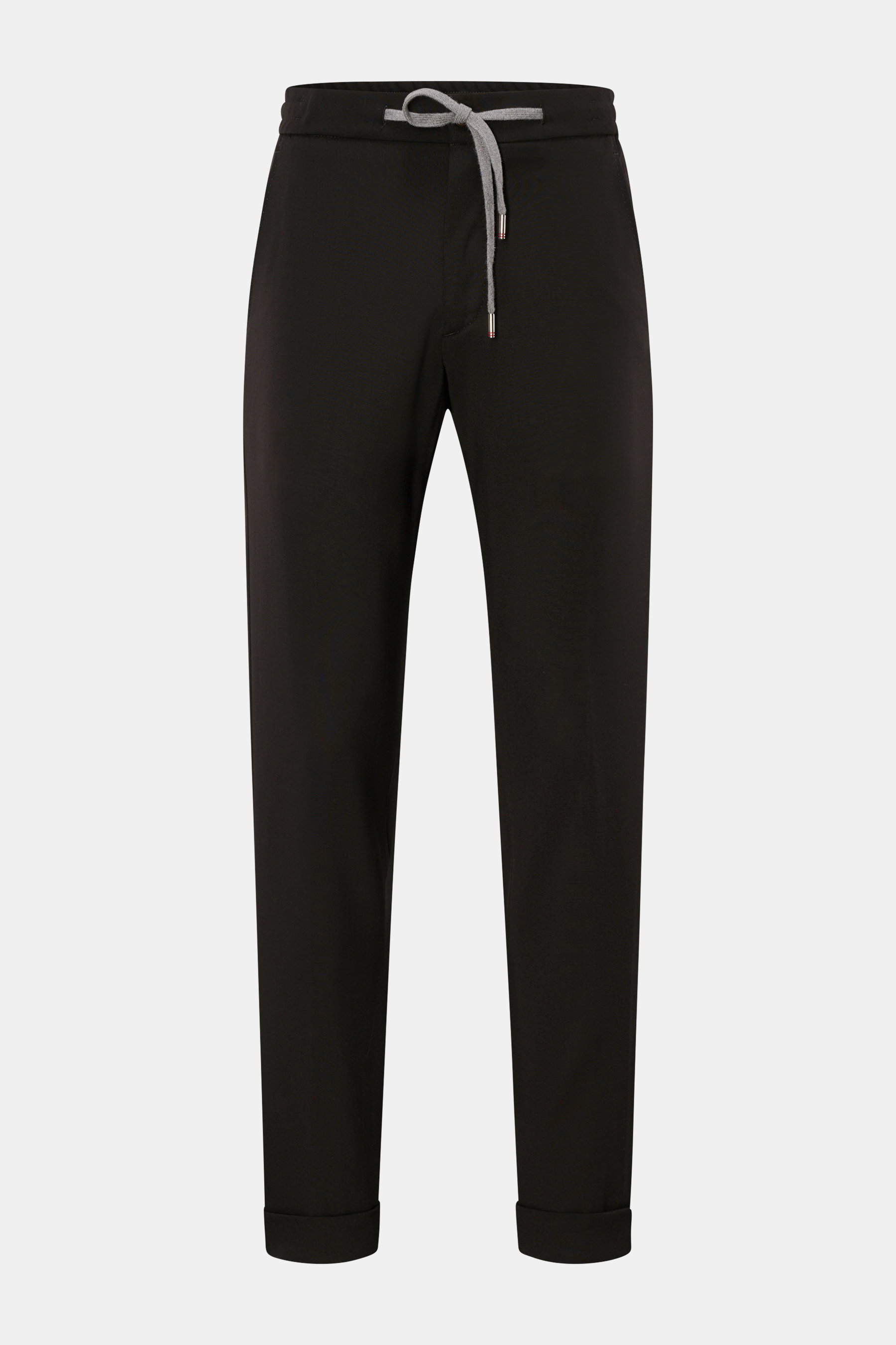 Marco Pescarolo Woll-Jogpants 'Caracciolo' dunkelbraun, frontale Ansicht, Regular Fit, schmal zulaufend, elastischer Bund mit Tunnelzug, französische Taschen, Saumaufschlag.