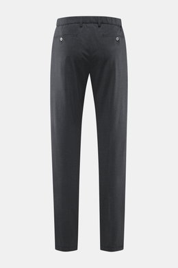 Marco Pescarolo Wollhose 'Evo' dunkelgrau meliert, Rückansicht, aus elastischer Wolle, weicher Griff, Regular Fit, sehr schmal zulaufend, teilelastischer Bund, Taschen mit Knopf.