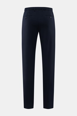 Marco Pescarolo Wollhose 'Evo' navy, von hinten fotografiert, aus elastischer Wolle, mit teilelastischem Bund, französischen und Gesäßtaschen.