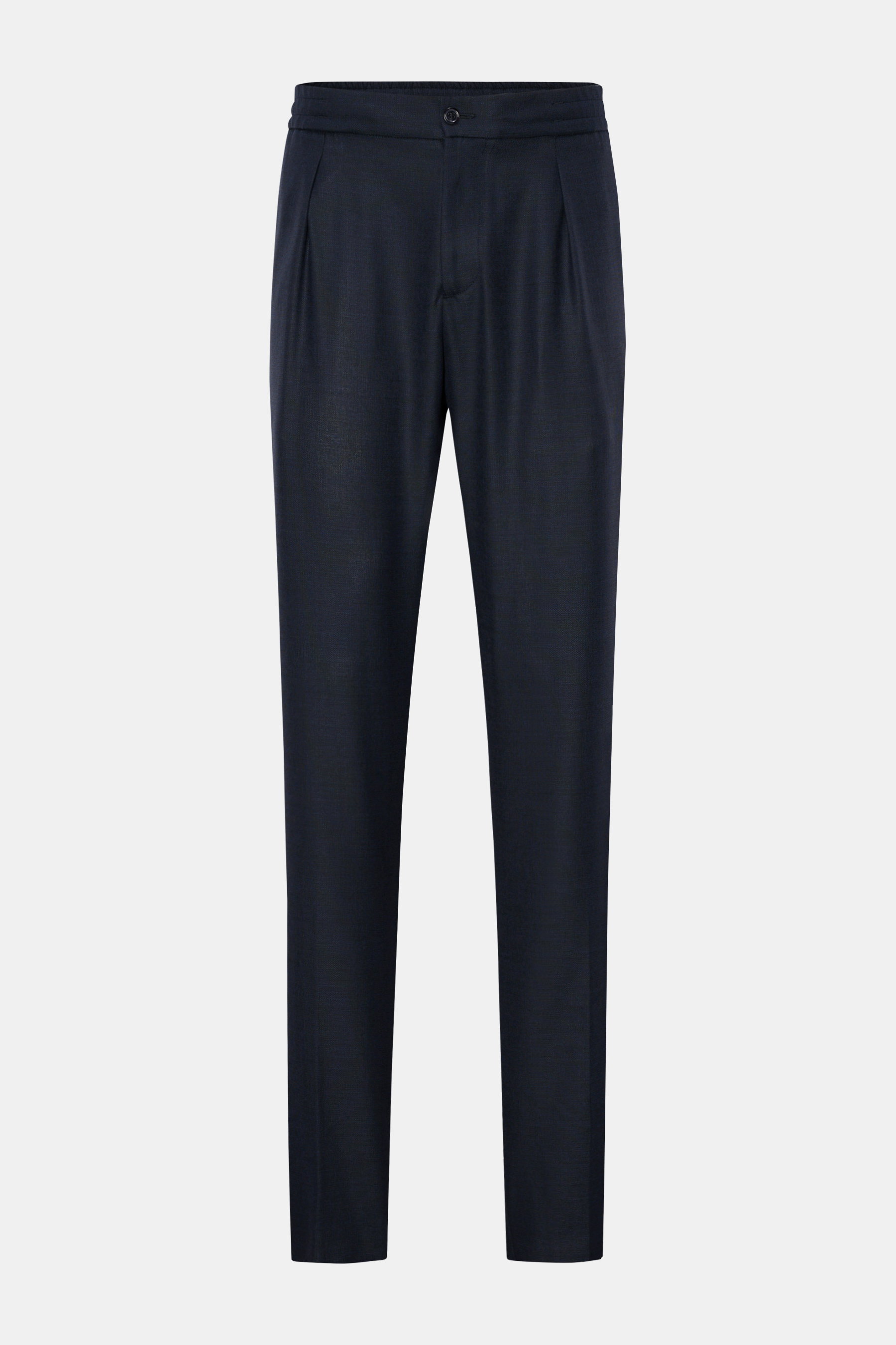 Marco Pescarolo Woll-Jogpants 'Chiaia' navy, frontale Ansicht, reine Schurwolle, Regular Fit, elastischer Bund, Bundknopf, Reißverschluss, paspelierte Taschen.