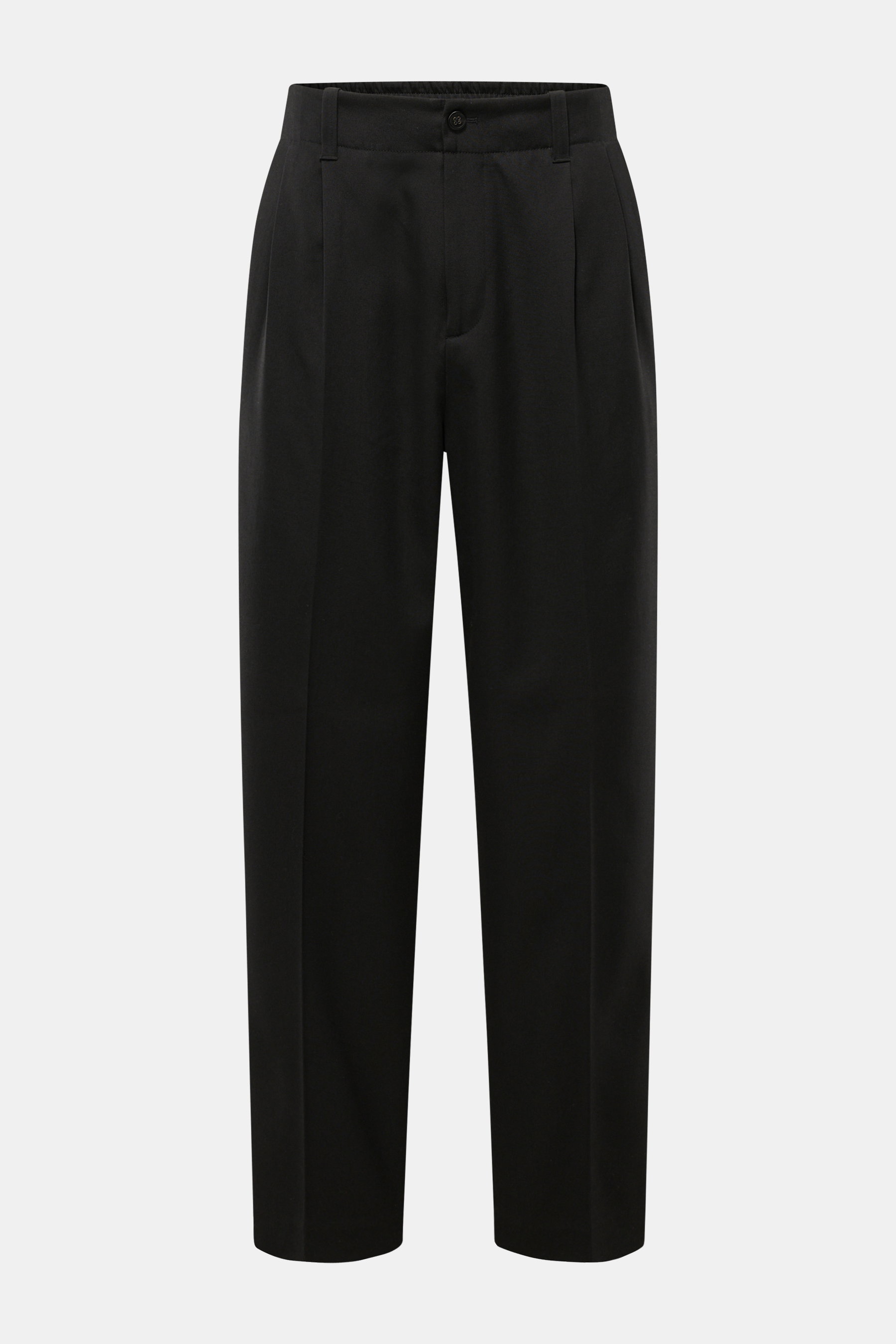 Golden Goose Wollhose schwarz aus reiner Schurwolle, knöchellang, Tapered Fit, mit Bundknopf, Reißverschluss, Bundfalte, Taschen, frontal fotografiert.