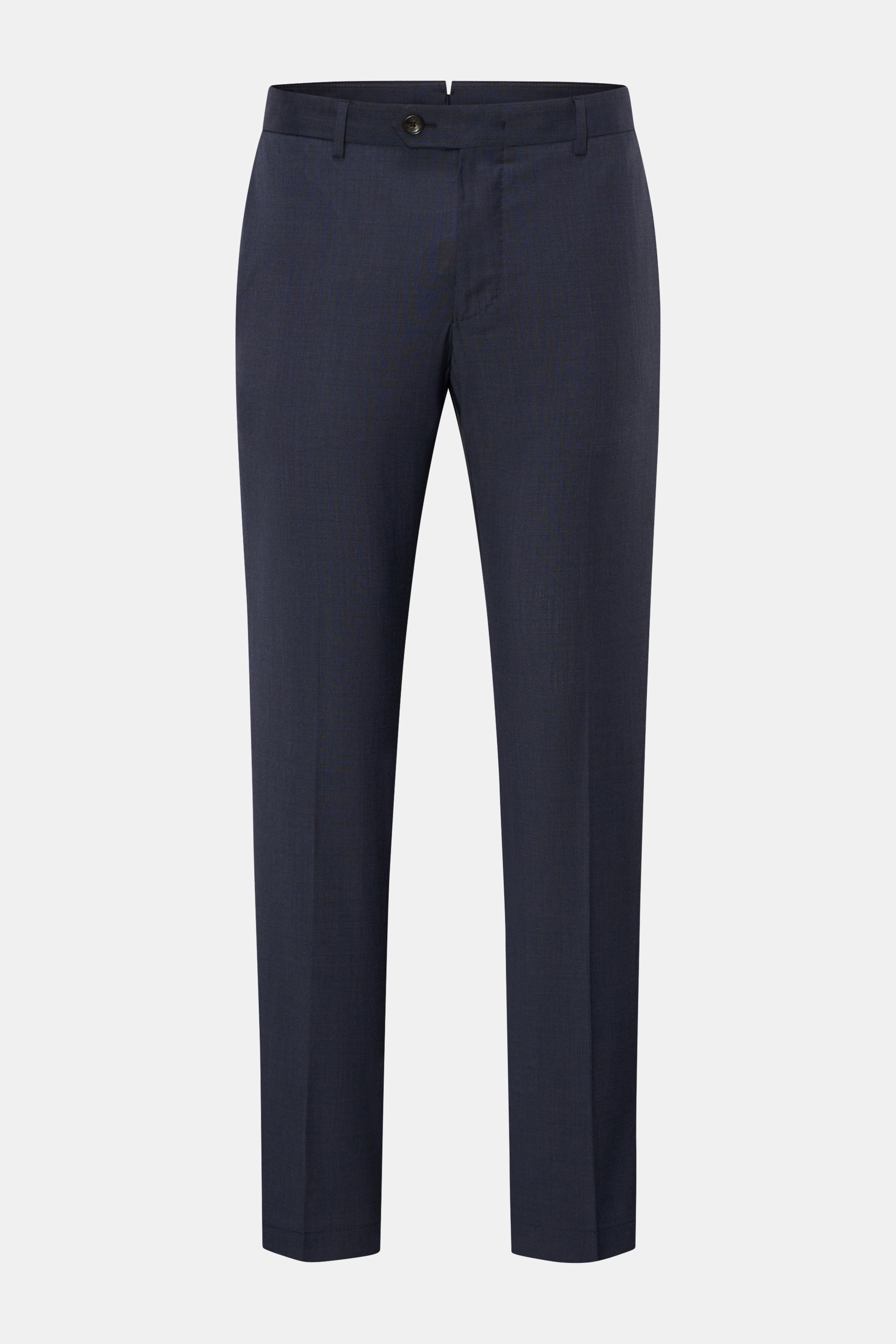 Front view of Windsor Wool trousers 'Peso' navy mottled, made of pure virgin wool with a smooth feel, regular fit, tapered cut, zip and waist buttons, French pockets, and jetted back pockets with button.

<p>For a confident look: The model 'Peso' in the f