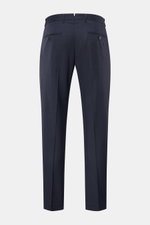 Windsor Wollhose 'Peso' navy meliert, aus reiner Schurwolle, Regular Fit, schmal zulaufend, Rückansicht mit Reißverschluss, Bundknöpfen und paspelierten Taschen.