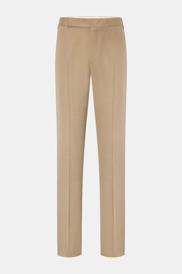 Lardini Hose beige aus leichter Viskose mit Seide, Regular Fit, frontale Ansicht, gerader Schnitt, Bundhaken, französische Taschen, offene Länge.