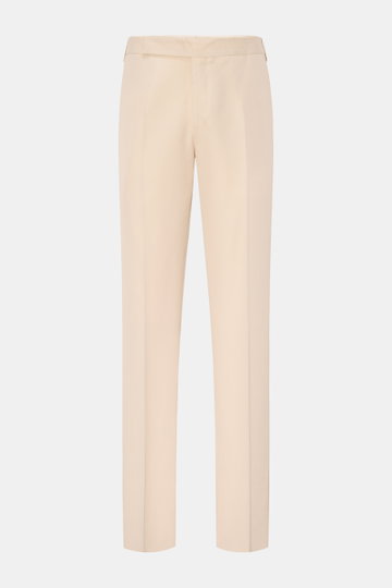 Lardini Hose sand in Frontansicht, leichte Viskose-Seide, Regular Fit, gerader Schnitt, Bundhaken, Reißverschluss, Taschen, offene Länge, sommerlich elegant
