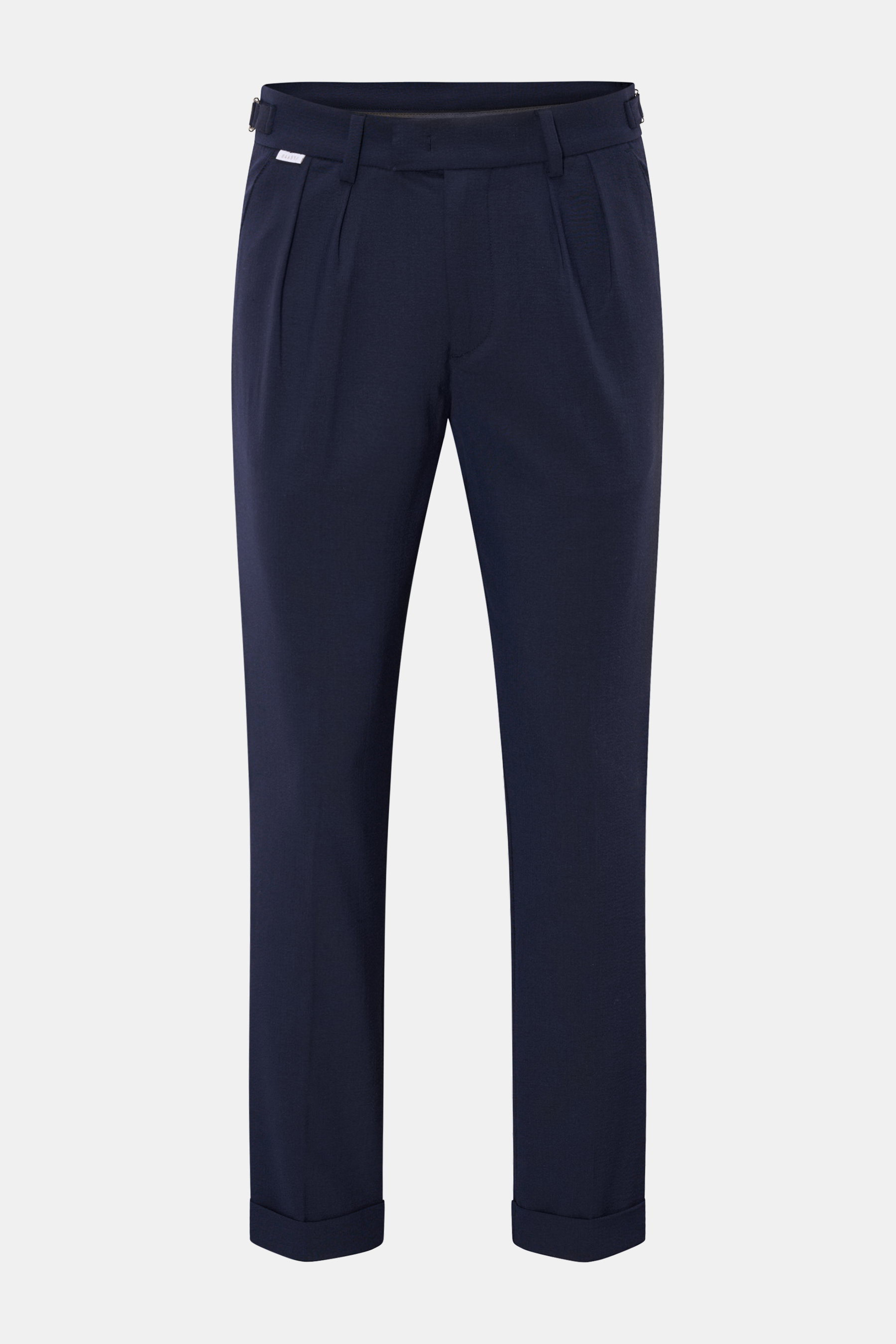 Front view of 04651/ A trip in a bag Seersucker trousers navy made of seersucker in wool and microfibre, tapered fit, regular thigh width, ankle length, zip and waist button, double pleat, side adjusters, French pockets, hip pockets on the seat, subtle wo