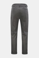04651/ A trip in a bag Wollhose 'Flannel Pants' grau meliert, Rückansicht, Flanell aus Schurwolle und Cashmere, komfortabler Stretch, weicher Griff, Tapered Fit, schmal zulaufend, kurzer Schnitt, Reißverschluss, Bundhaken, Side Adjuster, doppelte Bundfalt