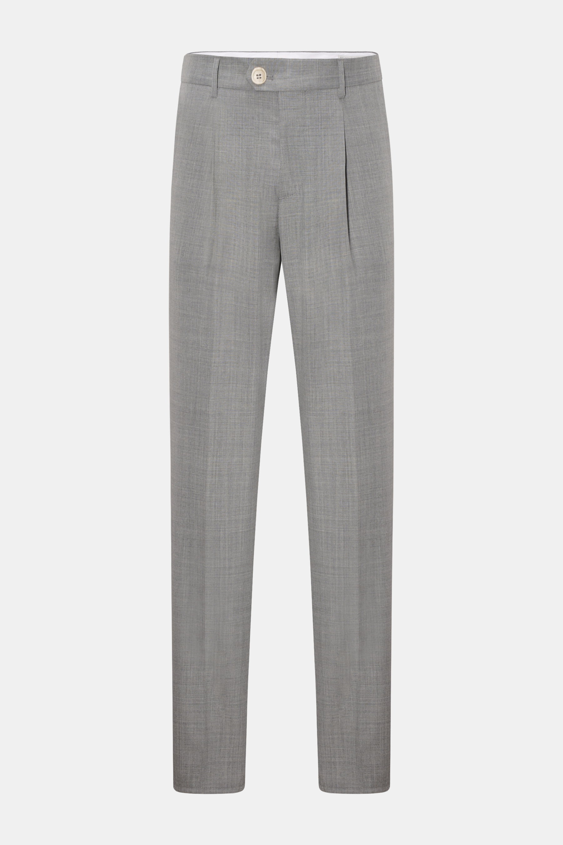Brunello Cucinelli Wollhose grau meliert, frontale Ansicht, reine Schurwolle, Bundfalte, schmal zulaufend, Reißverschluss, französische Taschen.