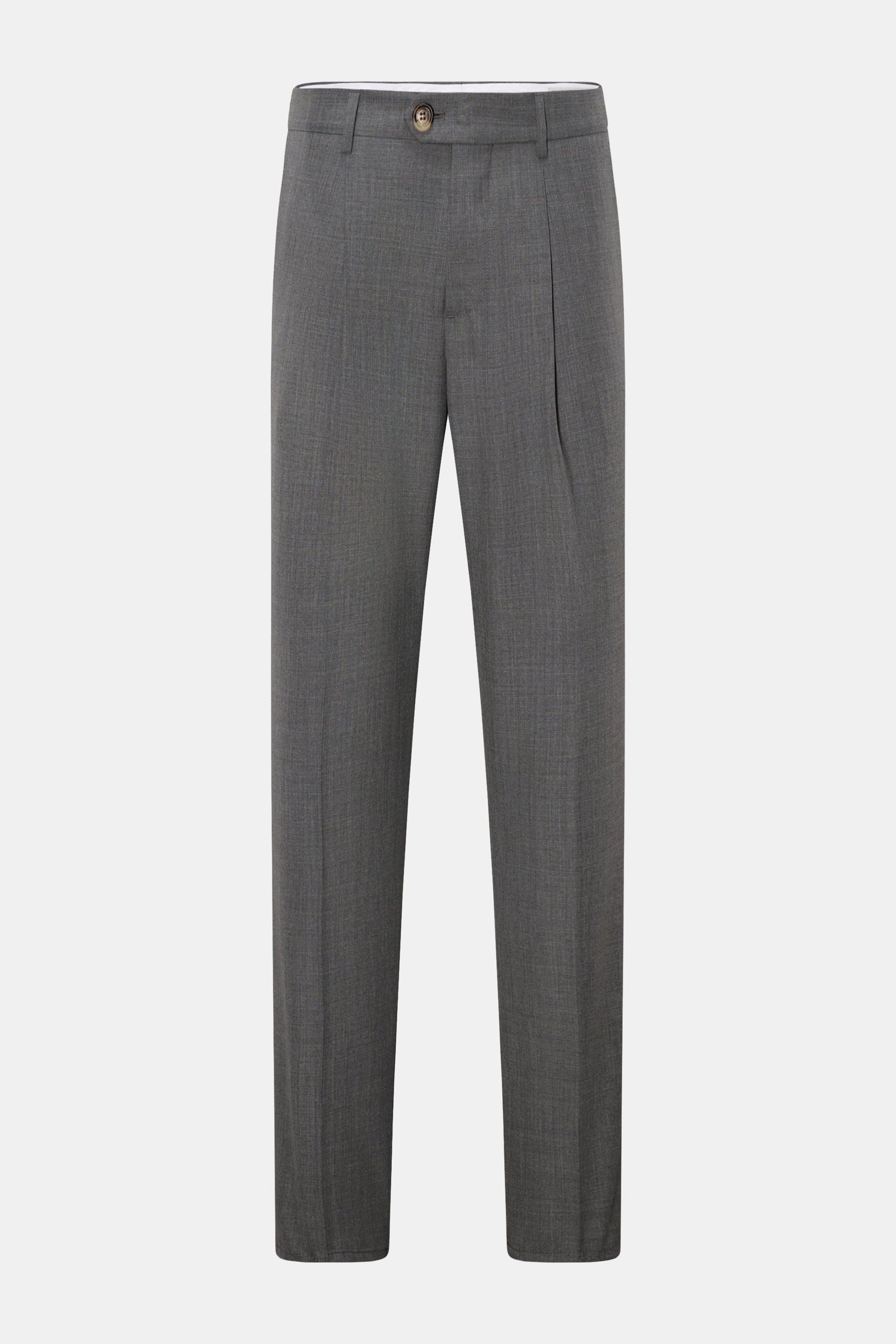 Brunello Cucinelli Wollhose dunkelgrau meliert, aus reiner Schurwolle, Regular Fit, schmal zulaufend, mit Bundfalte, französischen Taschen, Frontansicht.