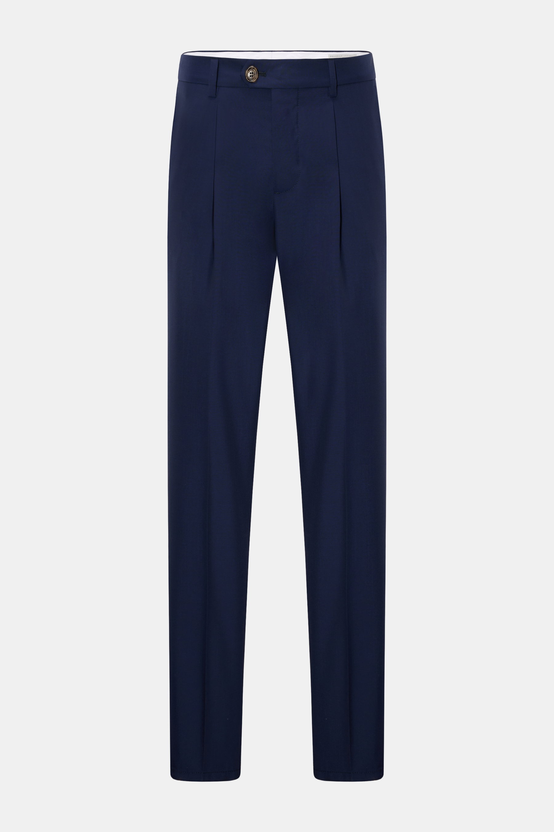 Brunello Cucinelli Wollhose dunkelblau, aus reiner Schurwolle, Regular Fit, schmal zulaufend, mit Bundfalte, Reißverschluss, Bundhaken, französischen Taschen, Leistentasche, frontale Ansicht.