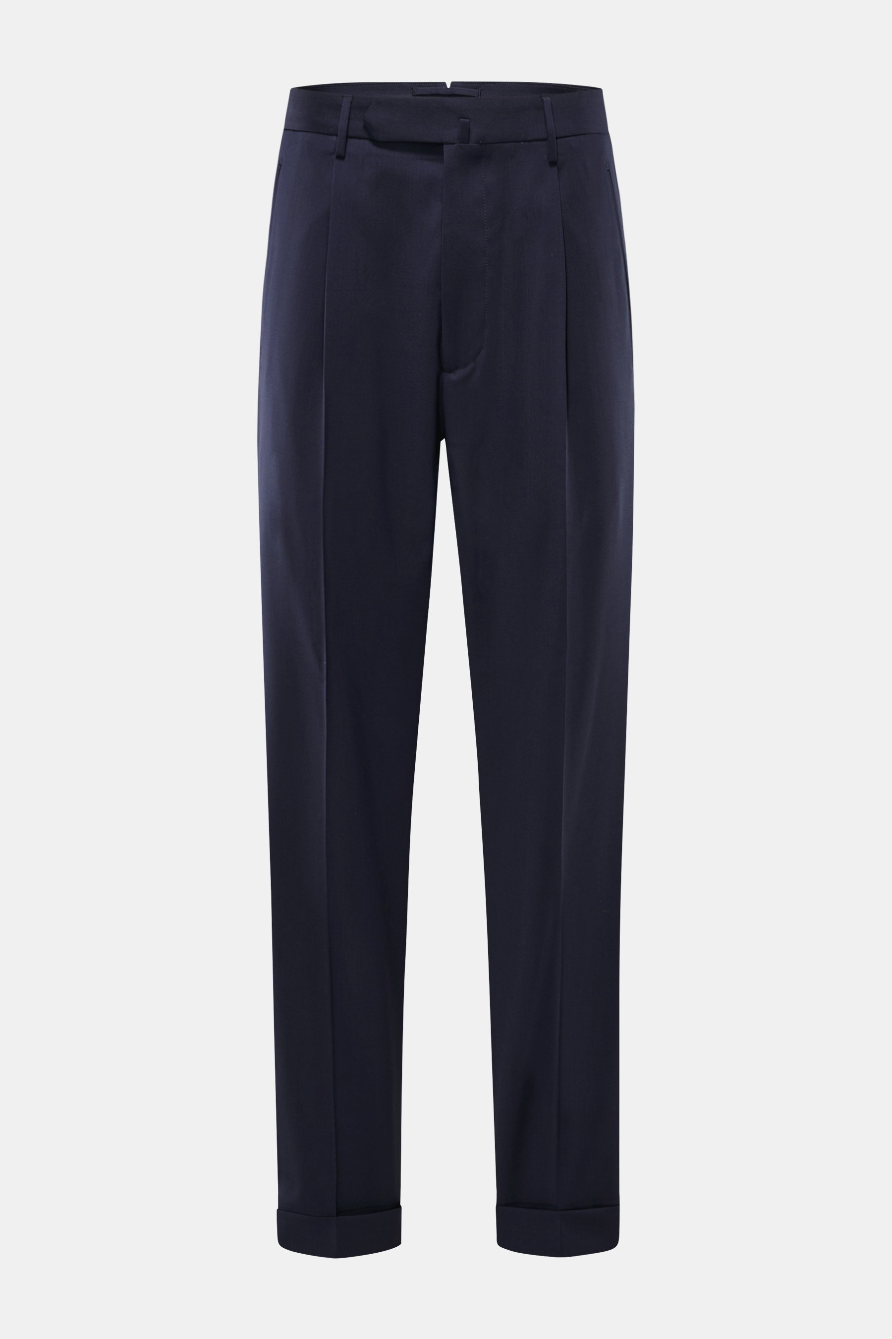 Santaniello Wollhose 'Arsenio' navy, knöchellang, Carrot Fit, reine Wolle, glatter Griff, Bundknopf, Reißverschluss, paspelierte Taschen, Saumaufschlag, frontale Perspektive.