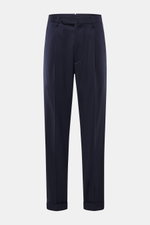 Santaniello Wollhose 'Arsenio' navy, knöchellang, Carrot Fit, reine Wolle, glatter Griff, Bundknopf, Reißverschluss, paspelierte Taschen, Saumaufschlag, frontale Perspektive.