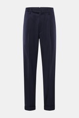 Santaniello Wollhose 'Arsenio' navy, knöchellang, Carrot Fit, reine Wolle, glatter Griff, Bundknopf, Reißverschluss, paspelierte Taschen, Saumaufschlag, frontale Perspektive.