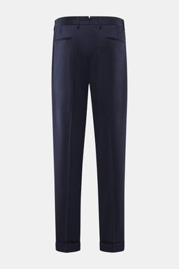 Rückansicht der Santaniello Wollhose 'Arsenio' navy aus reiner Wolle mit glattem Griff, Carrot Fit, paspelierten Taschen und fixiertem Saumaufschlag.