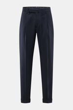 Santaniello Wollhose 'Camerota' navy, frontale Nahaufnahme, Bundfalten, Reißverschluss, Knöpfe, französische Taschen, Saumaufschlag, reine Wolle, Regular Fit.