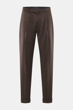 Santaniello Wollhose "Camerota" braun meliert, frontale Nahaufnahme, Regular Fit, reine Wolle, Bundfalten, französische Taschen, Saumaufschlag.