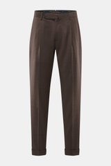 Santaniello Wollhose "Camerota" braun meliert, frontale Nahaufnahme, Regular Fit, reine Wolle, Bundfalten, französische Taschen, Saumaufschlag.