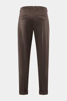 Rückansicht der braun melierten Santaniello Wollhose 'Camerota' aus reiner Wolle, Regular Fit mit Bundfalten, französischen Taschen, geknöpften Gesäßtaschen und fixiertem Saumaufschlag.