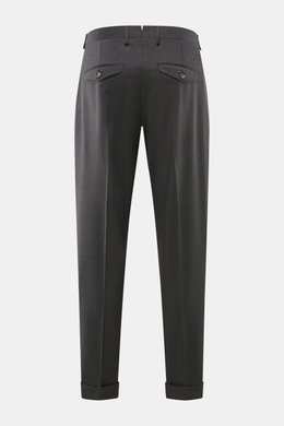Santaniello Wollhose 'Camerota' dunkelgrau meliert, Rückansicht, reine Wolle, weicher Griff, Regular Fit, Bundfalten, französische Taschen, knöpfbare Gesäßtaschen, fixierter Saumaufschlag.