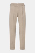 PT Torino Wool trousers 'The Rebel' beige mottled shown front view, ankle length with single pleat, zip and hook fastener, French pockets, button flap back pockets, fixed hem turn-up, made from slightly elasticated, smooth virgin wool fabric, breathable a