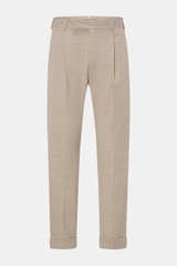 PT Torino Wool trousers 'The Rebel' beige mottled shown front view, ankle length with single pleat, zip and hook fastener, French pockets, button flap back pockets, fixed hem turn-up, made from slightly elasticated, smooth virgin wool fabric, breathable a