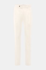 Front view of PT Torino Chinos 'Union Fit' cream, made from a fine cotton-silk twill blend with slight stretch, featuring a regular fit, tapered cut, zip and waist buttons, simple pleat, French pockets, small watch pocket, jetted back pockets with button,