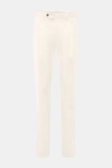 Front view of PT Torino Chinos 'Union Fit' cream, made from a fine cotton-silk twill blend with slight stretch, featuring a regular fit, tapered cut, zip and waist buttons, simple pleat, French pockets, small watch pocket, jetted back pockets with button,