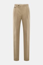 Front view of PT Torino Trousers 'Gentleman Fit' beige in linen-cotton blend, slim fit with tapered cut, double pleats, side adjusters, and buttoned pockets, perfect for summer office wear.