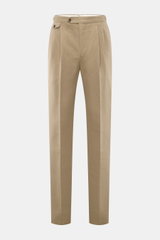 Front view of PT Torino Trousers 'Gentleman Fit' beige in linen-cotton blend, slim fit with tapered cut, double pleats, side adjusters, and buttoned pockets, perfect for summer office wear.