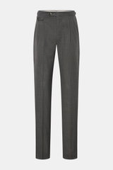 PT Torino Wool trousers 'Gentleman Fit' dark grey mottled, front view, slim fit virgin wool with double pleats, side adjusters, and buttoned pockets.
