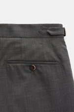 Close-up rear view of PT Torino Wool trousers 'Gentleman Fit' dark grey mottled, showing side adjuster, buttoned jetted back pocket, and fine wool texture.

<p>For the exclusive trousers 'Gentleman Fit', PT TORINO has chosen virgin wool in lightweight Sup