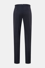Rear view of PT Torino Wool trousers 'Gentleman Fit' navy in pure Super 130'S virgin wool with slim, tapered cut, double pleats, side adjusters, and buttoned jetted back pockets. For the exclusive trousers 'Gentleman Fit', PT TORINO has chosen virgin wool