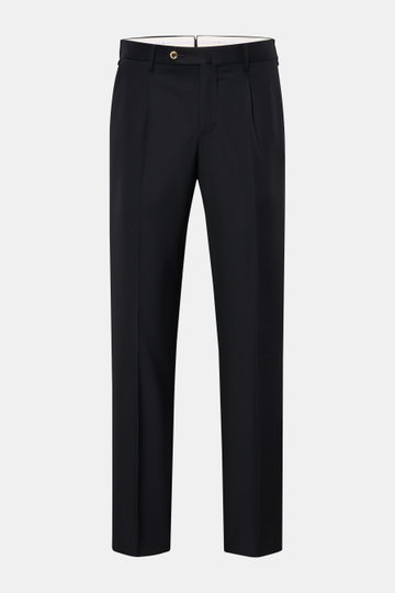 Front view of PT Torino Wool trousers 'City' black, made from pure super 160'S virgin wool, featuring single pleat, French pockets, back button pockets, zip and waist buttons, regular fit, and open length, perfect for office and dinner party looks.