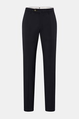 Front view of PT Torino Wool trousers 'Slim Fit' navy, showcasing slim fit, tapered cut, zip, waist buttons, French pockets, small watch pocket, and jetted back pockets with button; elastic virgin wool fabric with smooth feel and lightweight design, perfe