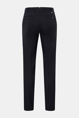 Rear view of PT Torino Wool trousers 'Slim Fit' navy, showcasing elastic virgin wool, slim tapered cut with zip, waist buttons, French pockets, small watch pocket, jetted back pockets with buttons, smooth lightweight fabric, open length, perfect for high-