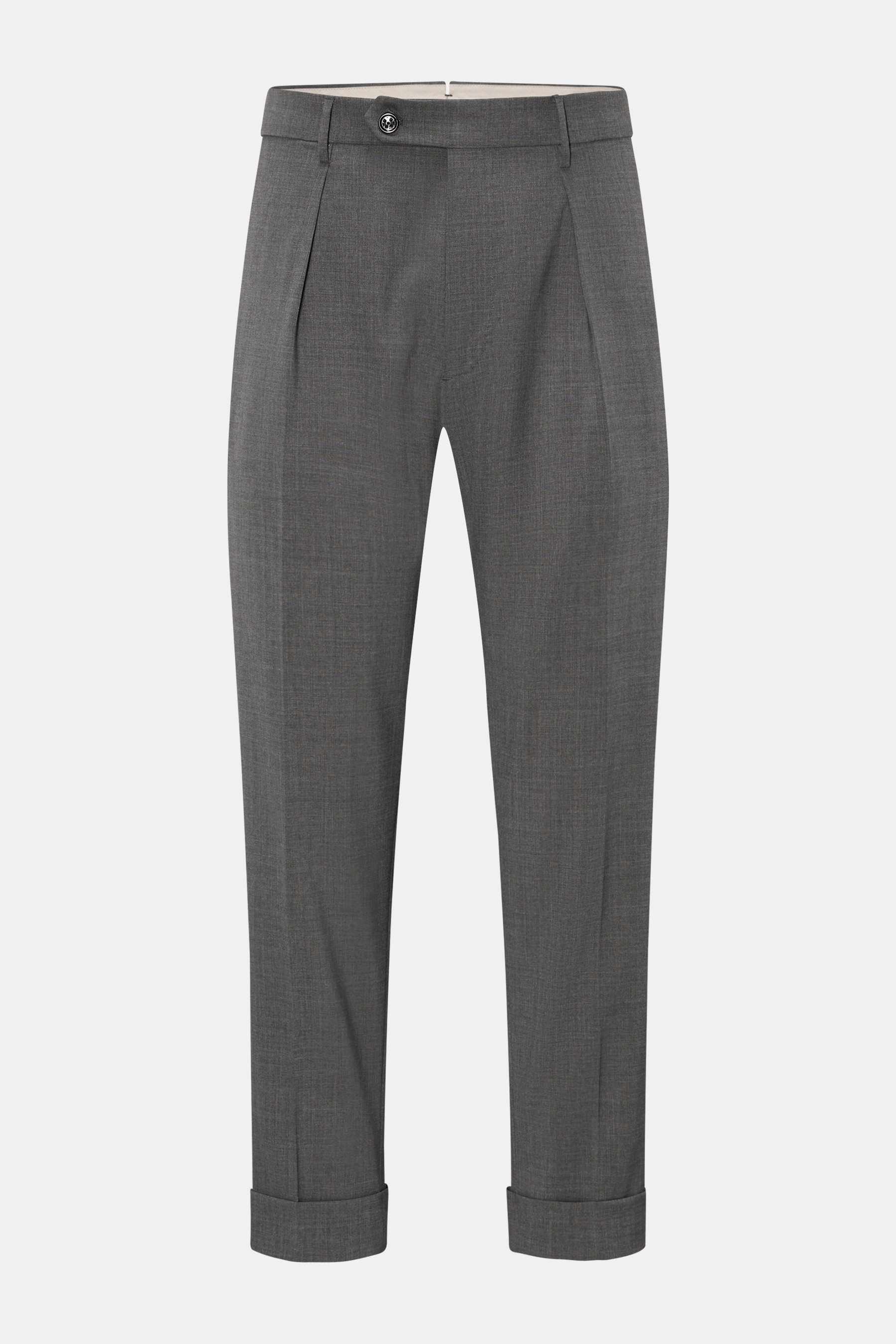 Berwich Wollhose 'Chiaia' dunkelgrau meliert, knöchellang, Tapered Fit, reine Schurwolle, glatter Griff, Frontansicht, Bundknöpfe, Saumaufschlag
