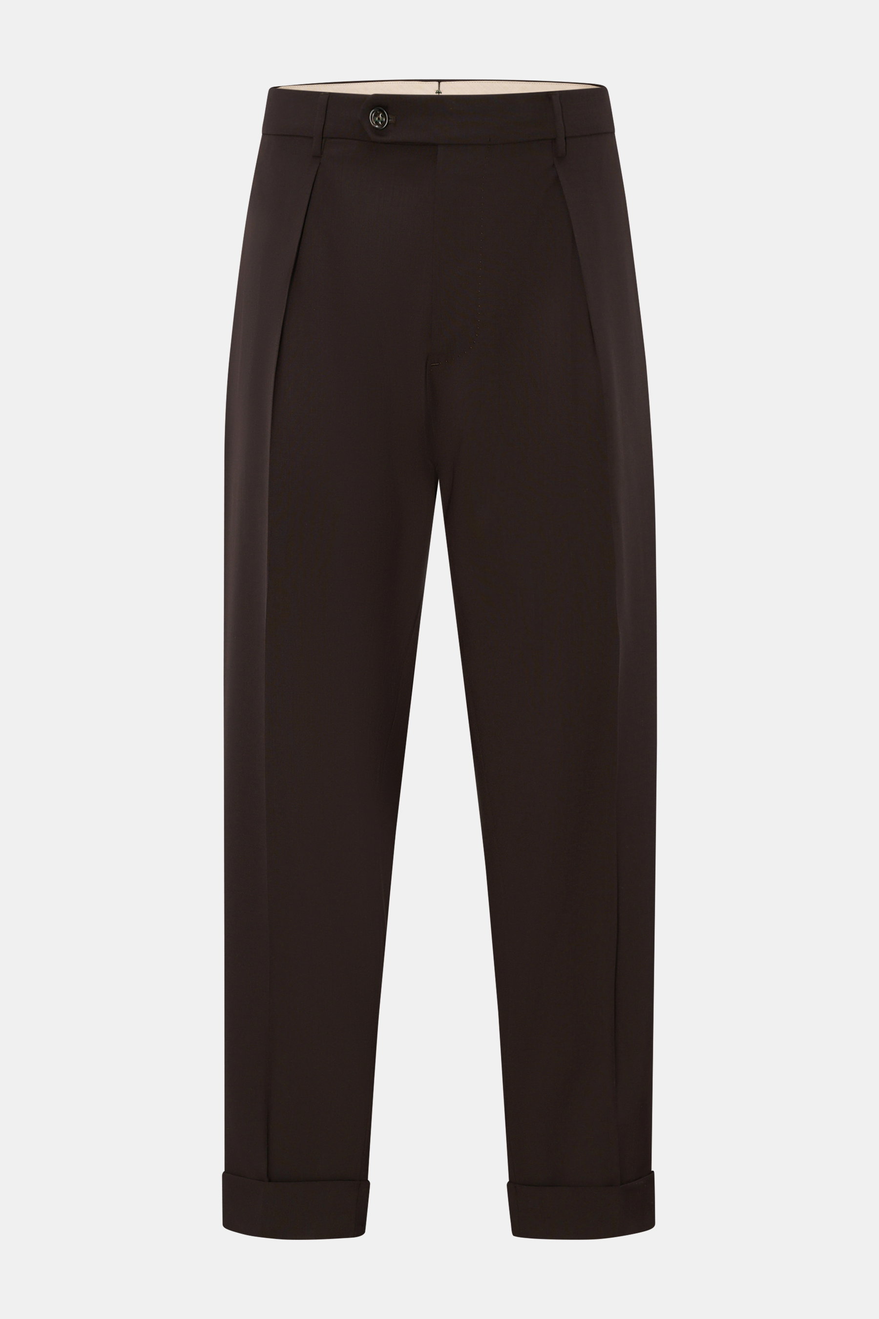 Berwich Wollhose 'Chiaia' dunkelbraun von vorne fotografiert, knöchellang, Tapered Fit, reine Schurwolle, Bundknöpfe, Saumaufschlag, Taschen.