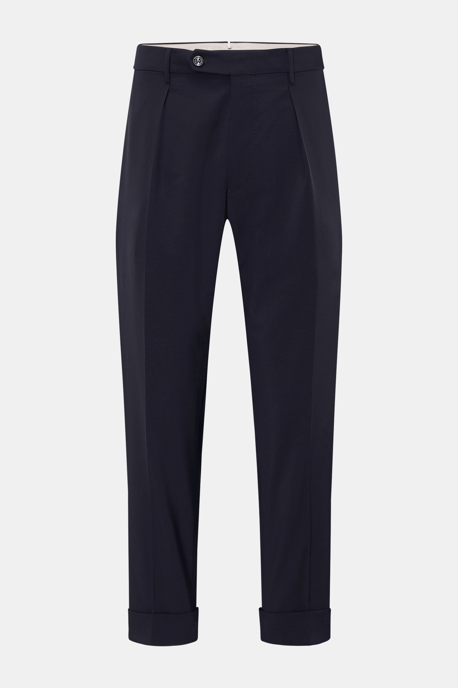 Berwich Wollhose 'Chiaia' navy, frontale Nahaufnahme, Tapered Fit, reine Schurwolle, knöchellang, Bundknöpfe, Saumaufschlag, Taschen.