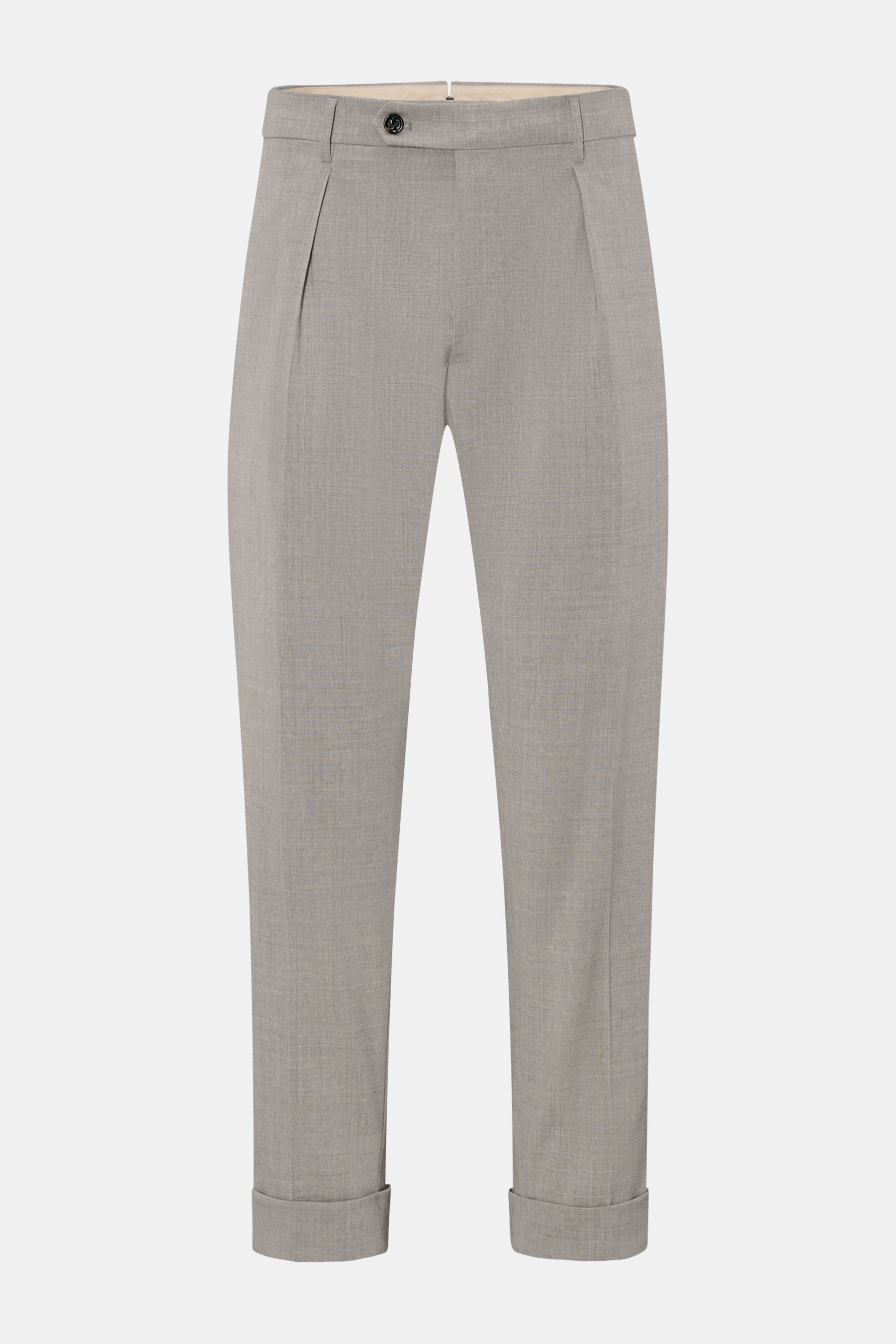 Berwich Wollhose 'Chiaia' hellgrau meliert, frontale Nahaufnahme, Tapered Fit aus elastischer Schurwolle mit Bundknopf, Falte, Taschen, Saumaufschlag.