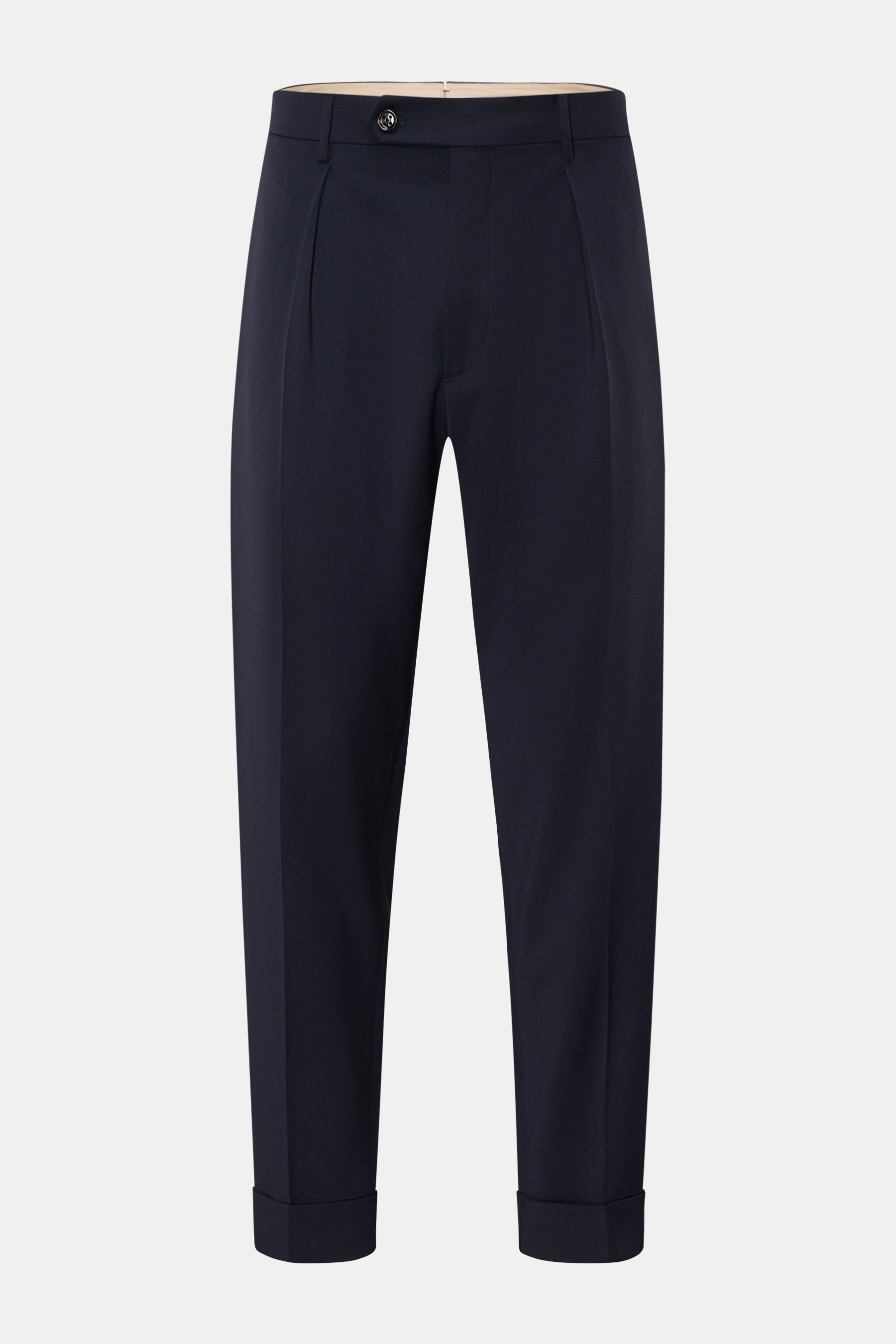 Berwich Wollhose 'Chiaia' navy, knöchellang, schmal zulaufend, Tapered Fit, reine Schurwolle, mit Bundknöpfen und Reißverschluss, frontale Ansicht.