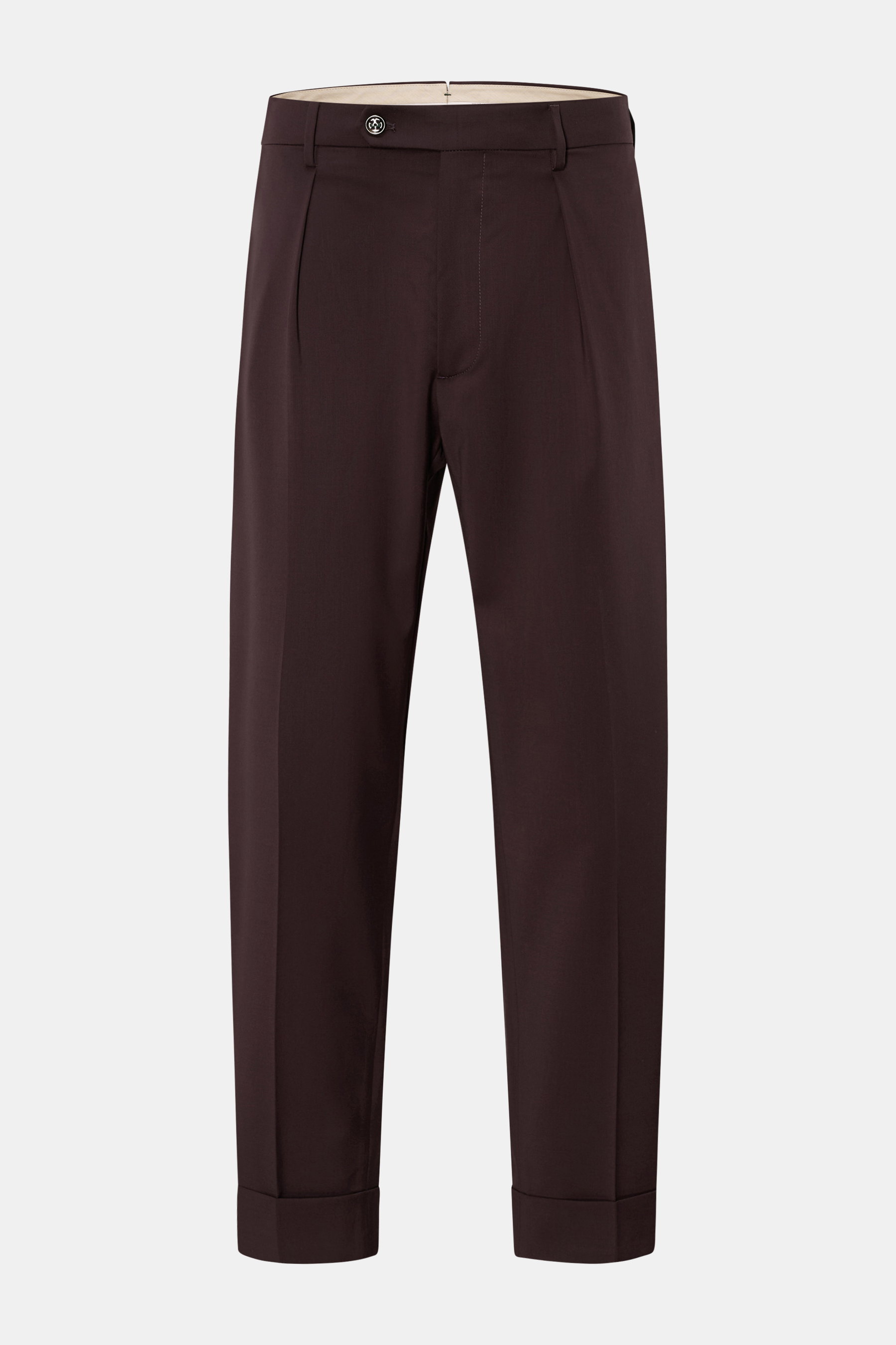 Berwich Wollhose 'Chiaia' dunkelviolett, frontale Nahaufnahme, Tapered Fit, reine Schurwolle, knöchellang, mit Bundknöpfen und Taschen.