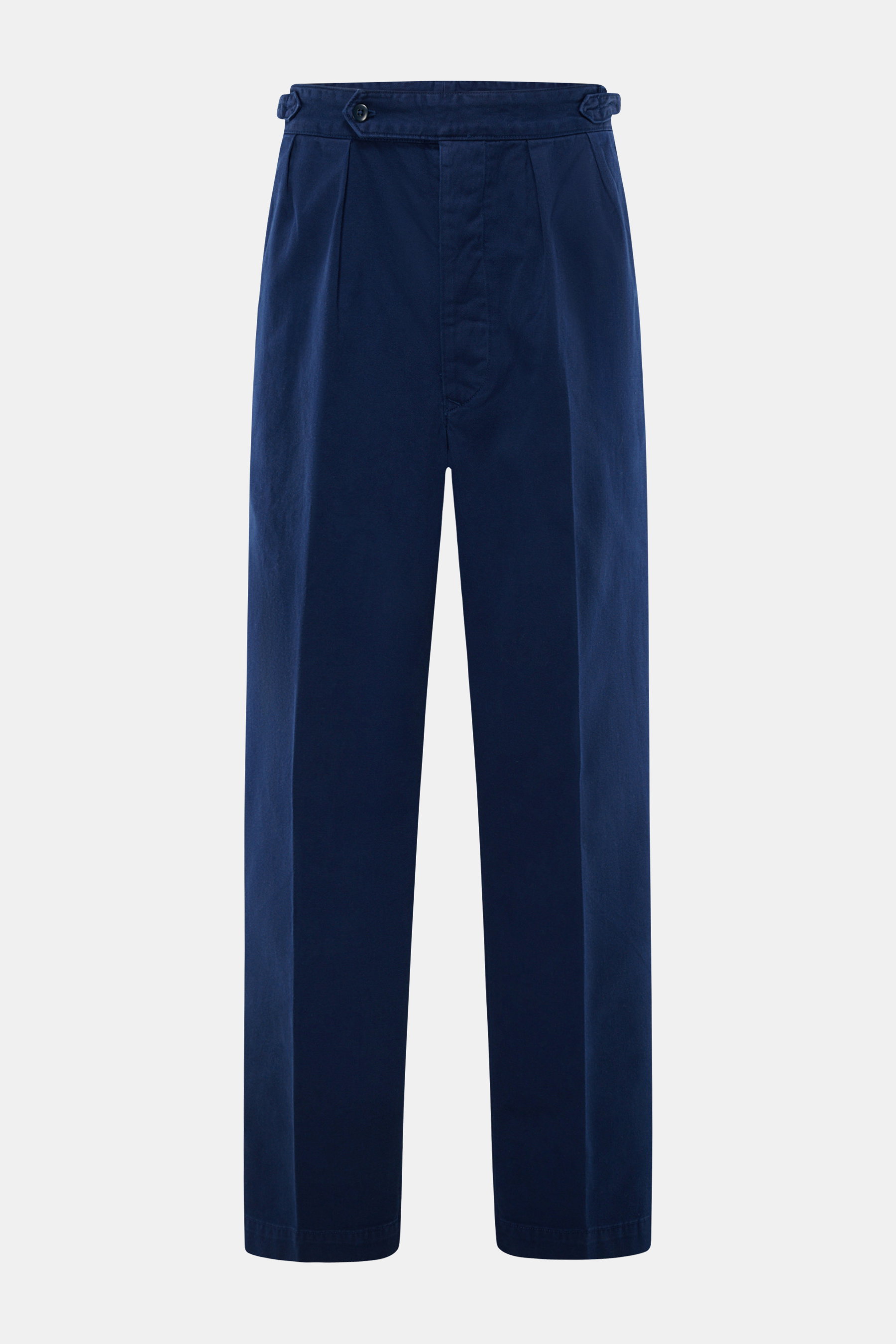 Frontale Nahaufnahme der Polo Ralph Lauren Baumwollhose navy in Twill-Baumwolle, knöchellang, gerader Schnitt, mit Bundknopf, Reißverschluss und Side Adjuster.