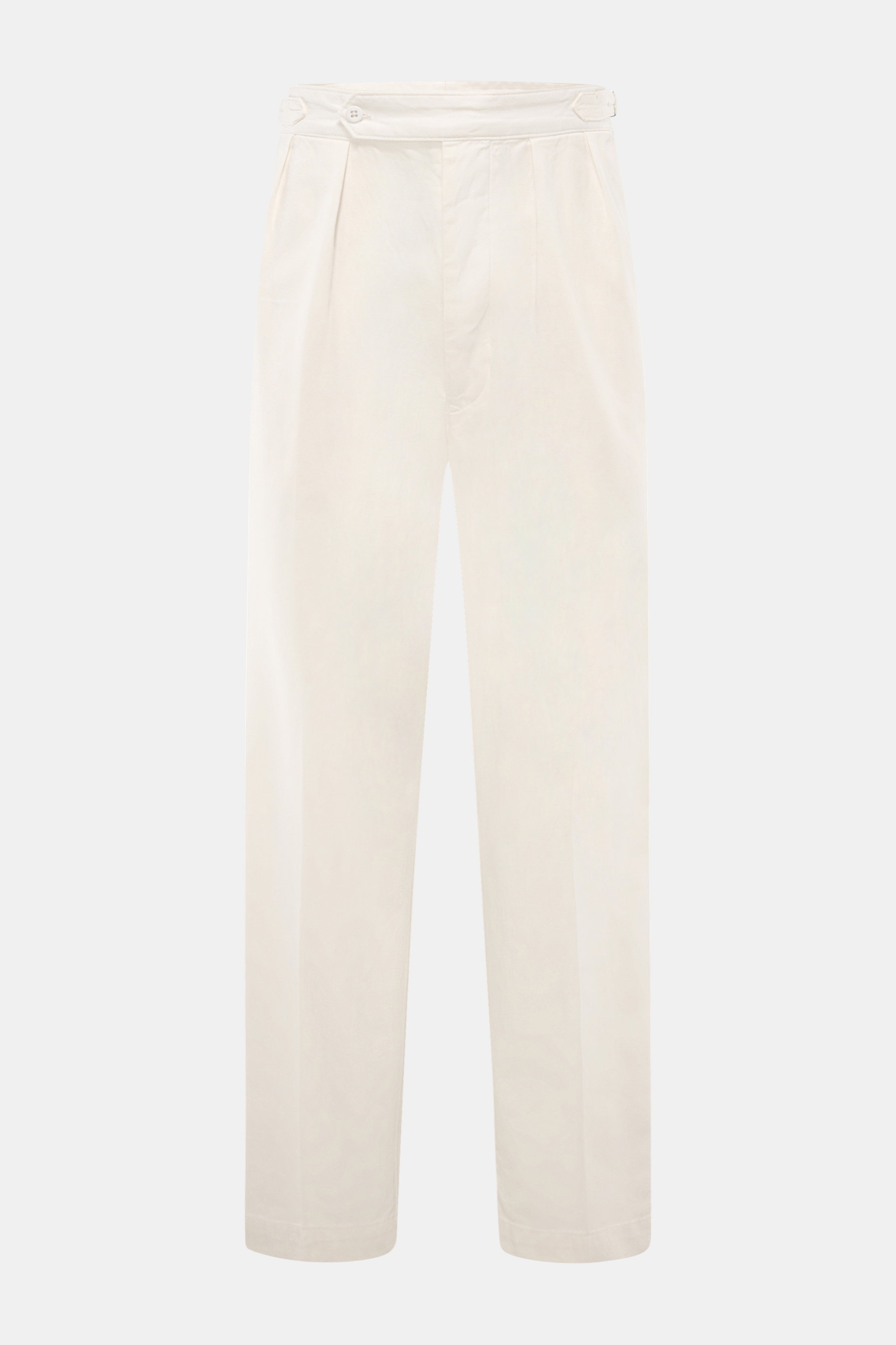 Frontansicht der cremefarbenen Polo Ralph Lauren Baumwollhose mit weichem Griff, Tapered Fit, Side Adjuster und paspelierten Gesäßtaschen.
