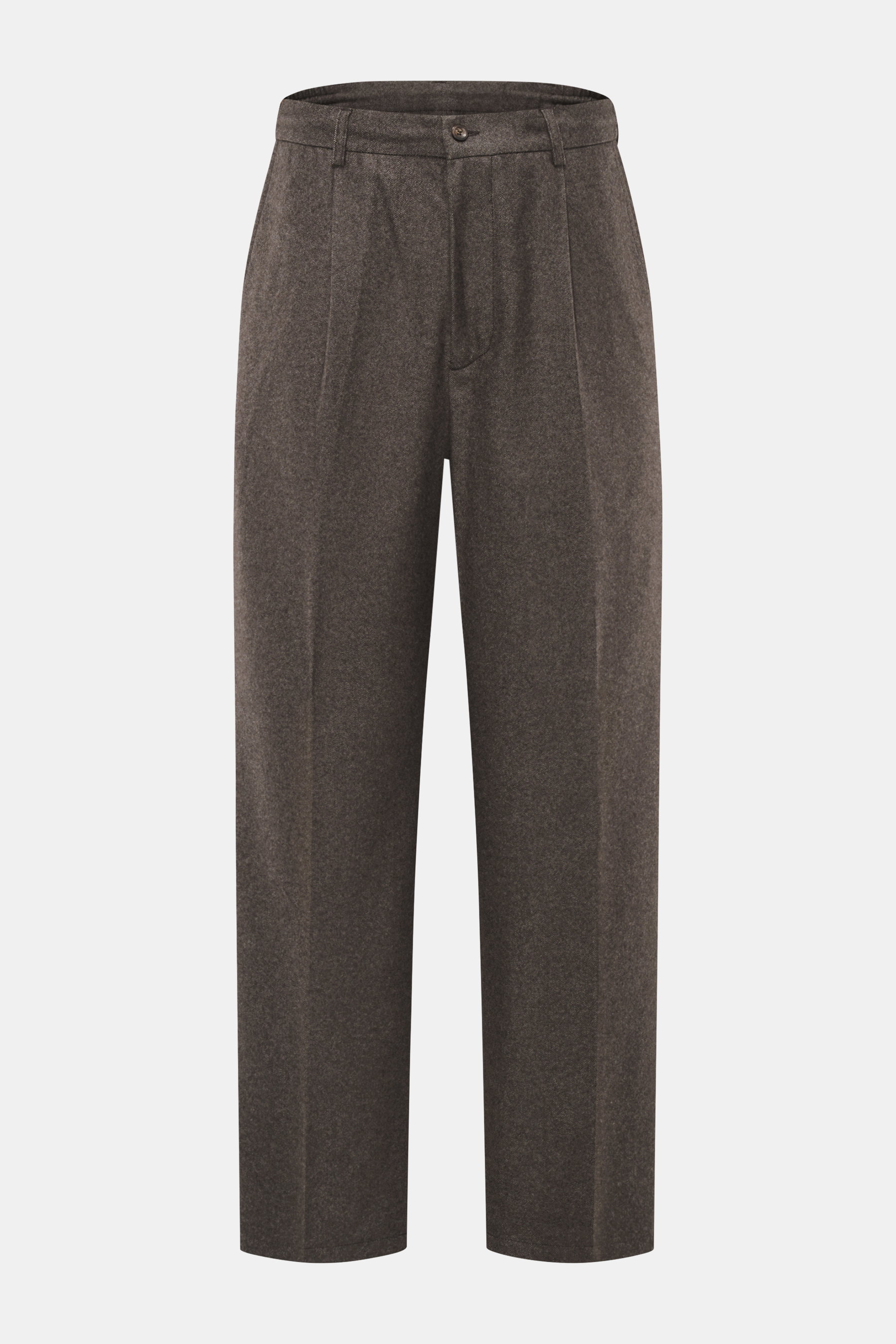 Marco Pescarolo Hose 'Dieci' dunkelbraun meliert, frontale Nahaufnahme der knöchellangen Hose aus softem Cashmere-Baumwoll-Mix mit elastischem Bund, Reißverschluss, Bundknopf, französischen Taschen und Gesäßtaschen mit Knopf, Twill-Optik, Tapered Fit, reg