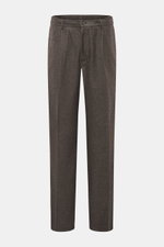 Marco Pescarolo Hose 'Dieci' dunkelbraun meliert, frontale Nahaufnahme der knöchellangen Hose aus softem Cashmere-Baumwoll-Mix mit elastischem Bund, Reißverschluss, Bundknopf, französischen Taschen und Gesäßtaschen mit Knopf, Twill-Optik, Tapered Fit, reg